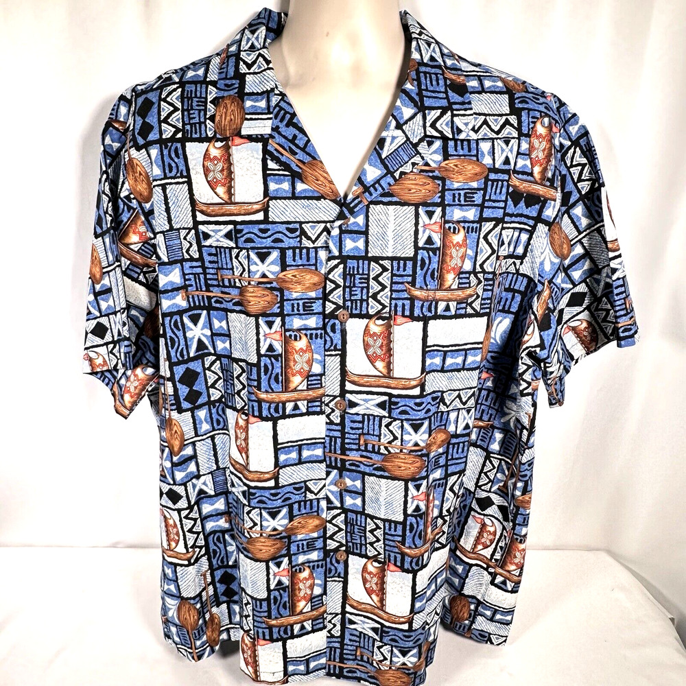 Vintage Aloha Line Mens XL Blue Hawaiian Shirt Sailing Tapa Print Tiki Hawaii